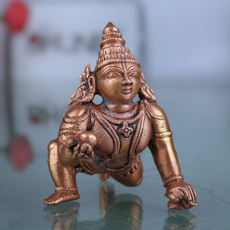 Copper Bala Krishna Idol, Tamra Laddu Gopal Murti, Makhan Chor Gopala Statue, Tamraloha Kanha Idol for Pooja, Home Decor & Gifts, Brown, 2.5 Inch, 1 Piece