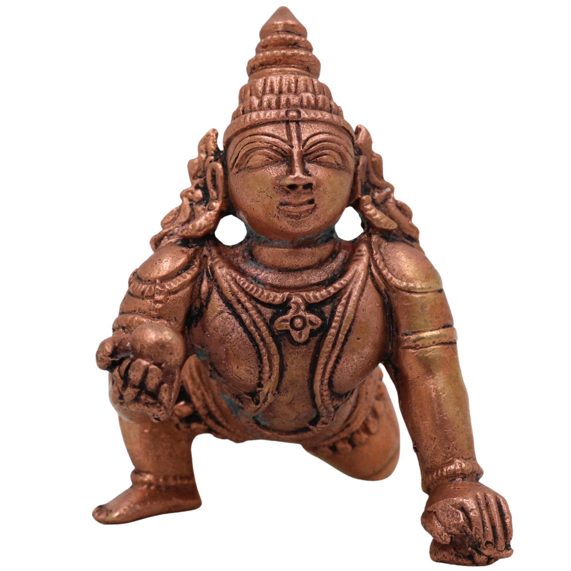 Copper Bala Krishna Idol, Tamra Laddu Gopal Murti, Makhan Chor Gopala Statue, Tamraloha Kanha Idol for Pooja, Home Decor & Gifts, Brown, 2.5 Inch, 1 Piece