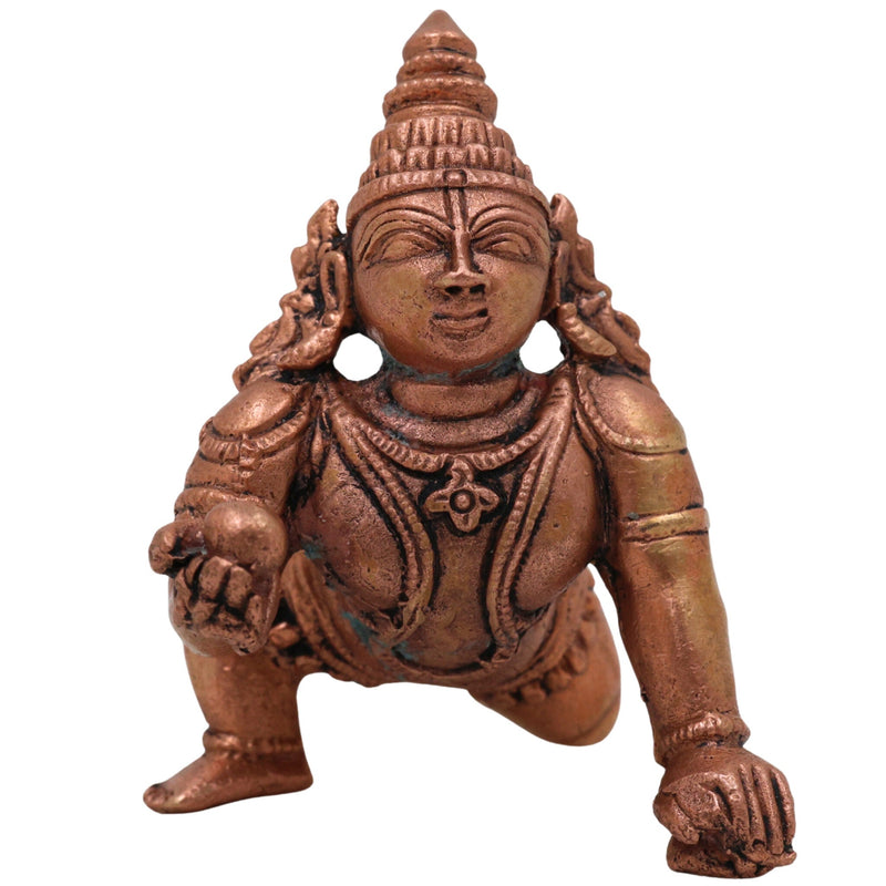 Copper Bala Krishna Idol, Tamra Laddu Gopal Murti, Makhan Chor Gopala Statue, Tamraloha Kanha Idol for Pooja, Home Decor & Gifts, Brown, 2.5 Inch, 1 Piece