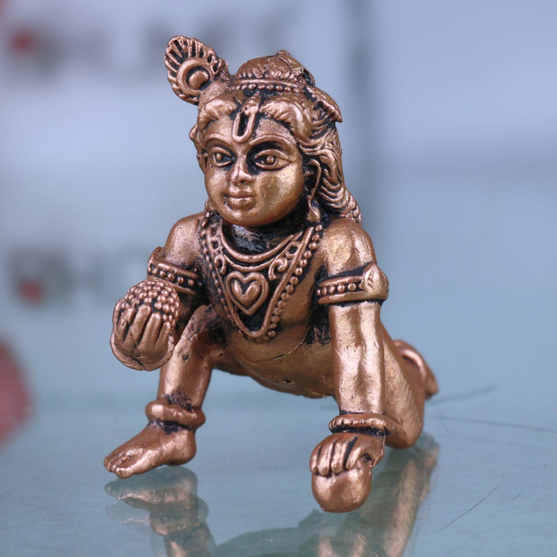 Copper Bala Krishna Idol,Tamra Laddu Gopal Murti, Makhan Chor Gopala Statue, Handcrafted Tamraloha Krishna Moorti for Pooja & Home Decor, Brown, 2 Inch, 1 Piece