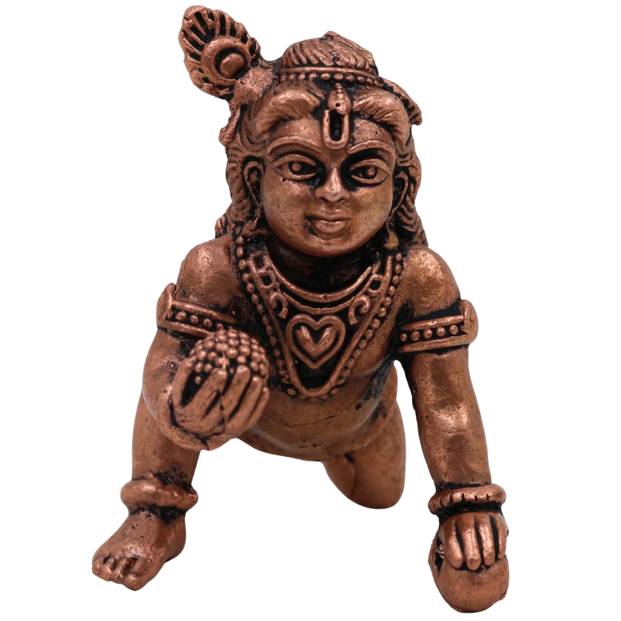Copper Bala Krishna Idol,Tamra Laddu Gopal Murti, Makhan Chor Gopala Statue, Handcrafted Tamraloha Krishna Moorti for Pooja & Home Decor, Brown, 2 Inch, 1 Piece