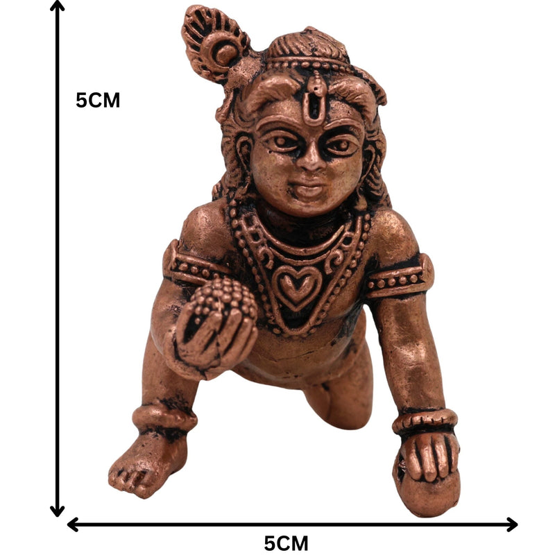 Copper Bala Krishna Idol,Tamra Laddu Gopal Murti, Makhan Chor Gopala Statue, Handcrafted Tamraloha Krishna Moorti for Pooja & Home Decor, Brown, 2 Inch, 1 Piece