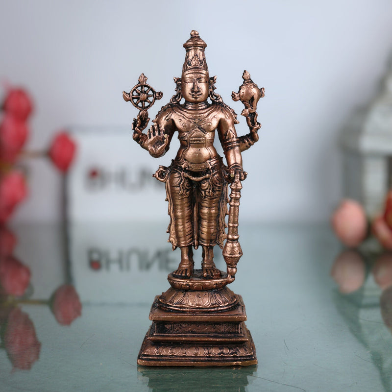 Copper Vishnu Idol, Handcrafted Tamra Narayana Murti,Thamira Govinda Statue,Tamraloha Balaji Vigraham for Pooja & Home Decor, Brown, 5 Inch, 1 Piece