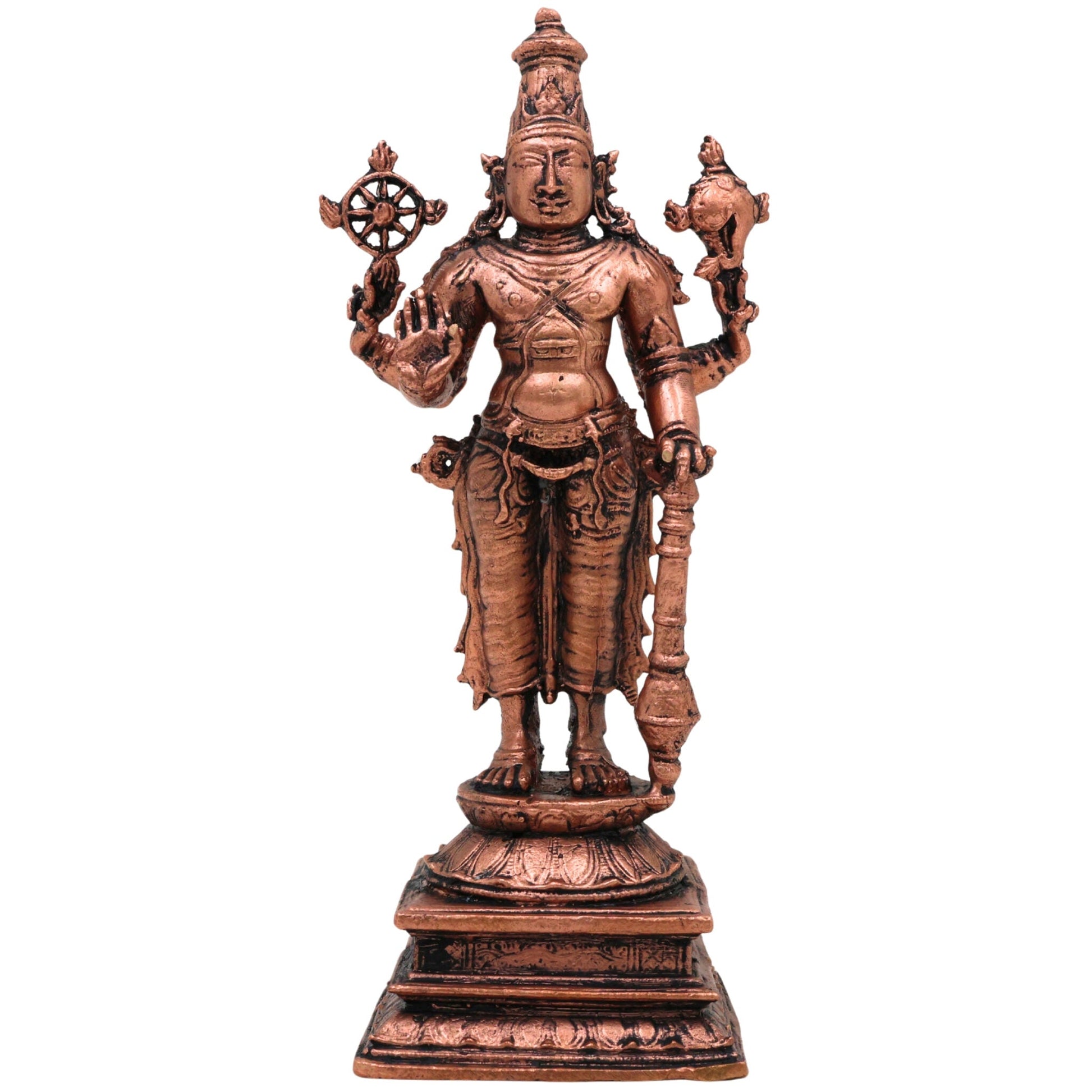 Copper Vishnu Idol, Handcrafted Tamra Narayana Murti,Thamira Govinda Statue,Tamraloha Balaji Vigraham for Pooja & Home Decor, Brown, 5 Inch, 1 Piece