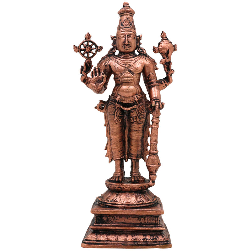 Copper Vishnu Idol, Handcrafted Tamra Narayana Murti,Thamira Govinda Statue,Tamraloha Balaji Vigraham for Pooja & Home Decor, Brown, 5 Inch, 1 Piece