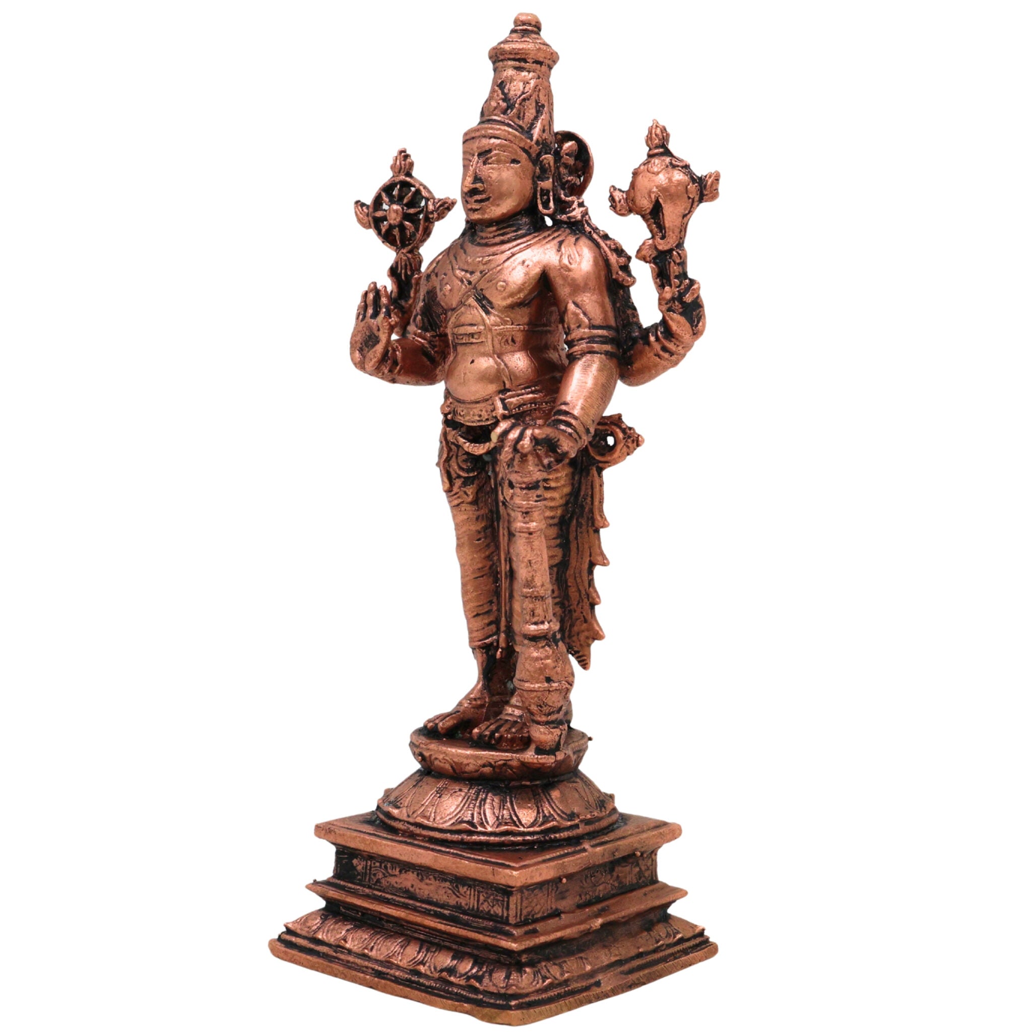 Copper Vishnu Idol, Handcrafted Tamra Narayana Murti,Thamira Govinda Statue,Tamraloha Balaji Vigraham for Pooja & Home Decor, Brown, 5 Inch, 1 Piece