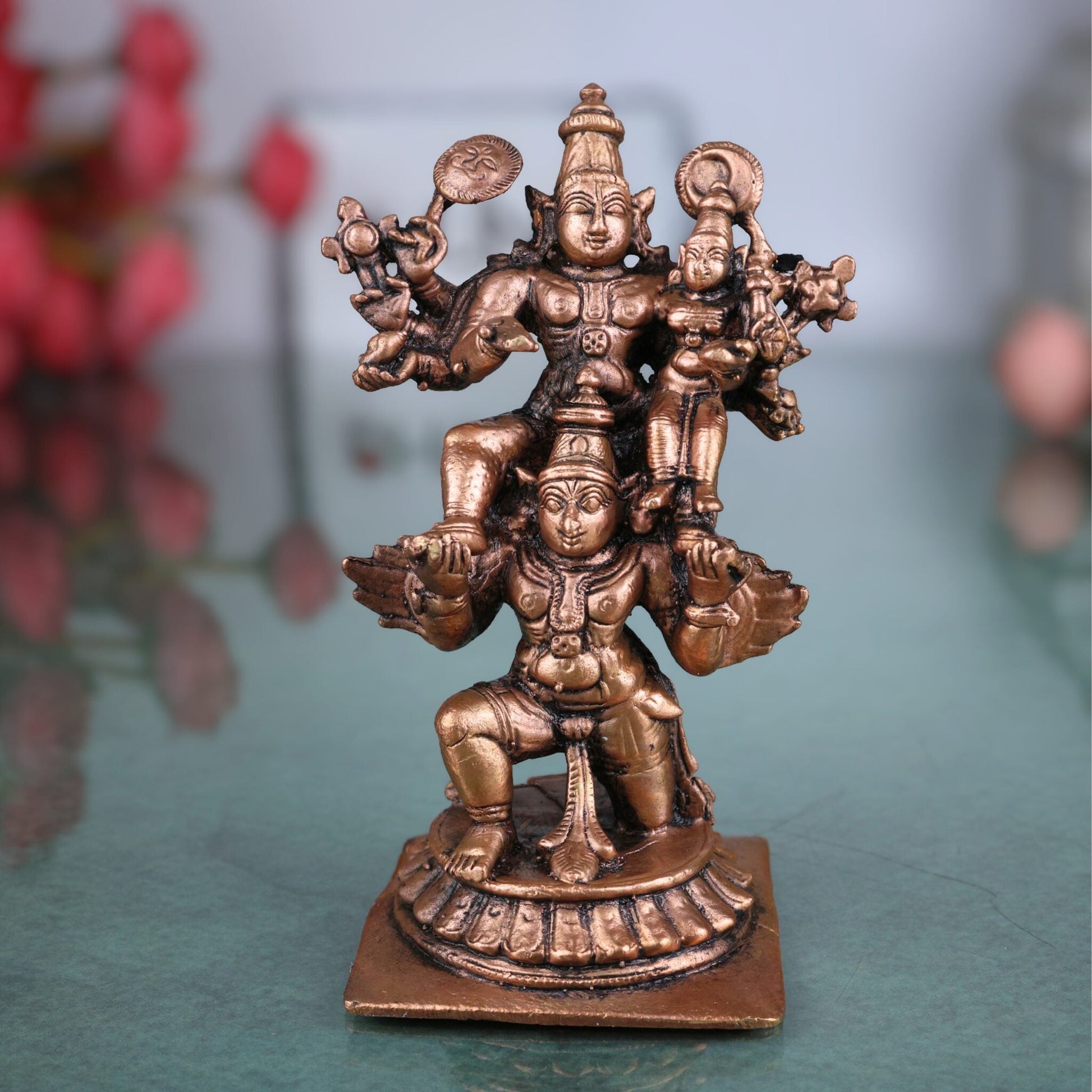 Copper Vishnu Lakshmi Garuda Murti, Lakshmi Narayana on Garuda Idol, Garuda Vahana Vishnu Lakshmi Statue,Handcrafted Pooja Moorti for Home & Temple, Brown, 4.5 Inch, 1 Piece