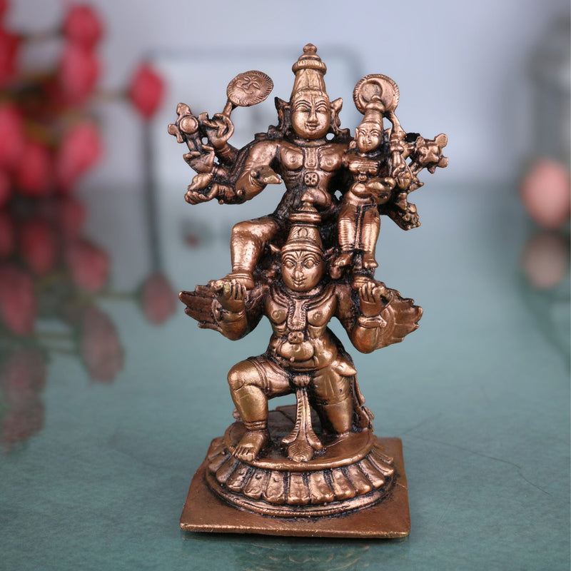 Copper Vishnu Lakshmi Garuda Murti, Lakshmi Narayana on Garuda Idol, Garuda Vahana Vishnu Lakshmi Statue,Handcrafted Pooja Moorti for Home & Temple, Brown, 4.5 Inch, 1 Piece