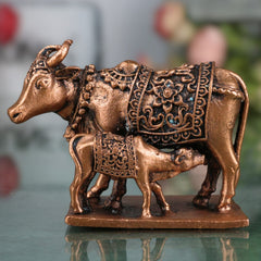 Copper Kamadhenu Idol Tamra Gomata Surabhi Cow Goddess Murti, Handcrafted Thamira Kamadhenu Statue for Pooja Home Decor Temple Gift, Brown, 2 Inch, 1 Piece