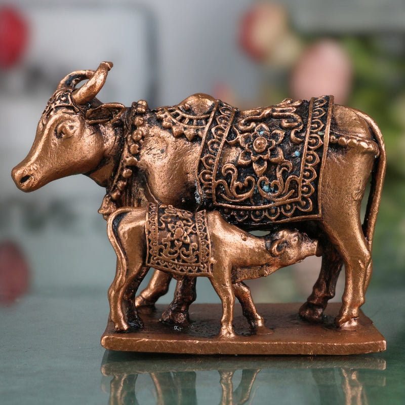 Copper Kamadhenu Idol Tamra Gomata Surabhi Cow Goddess Murti, Handcrafted Thamira Kamadhenu Statue for Pooja Home Decor Temple Gift, Brown, 2 Inch, 1 Piece