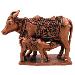 Copper Kamadhenu Idol Tamra Gomata Surabhi Cow Goddess Murti, Handcrafted Thamira Kamadhenu Statue for Pooja Home Decor Temple Gift, Brown, 2 Inch, 1 Piece