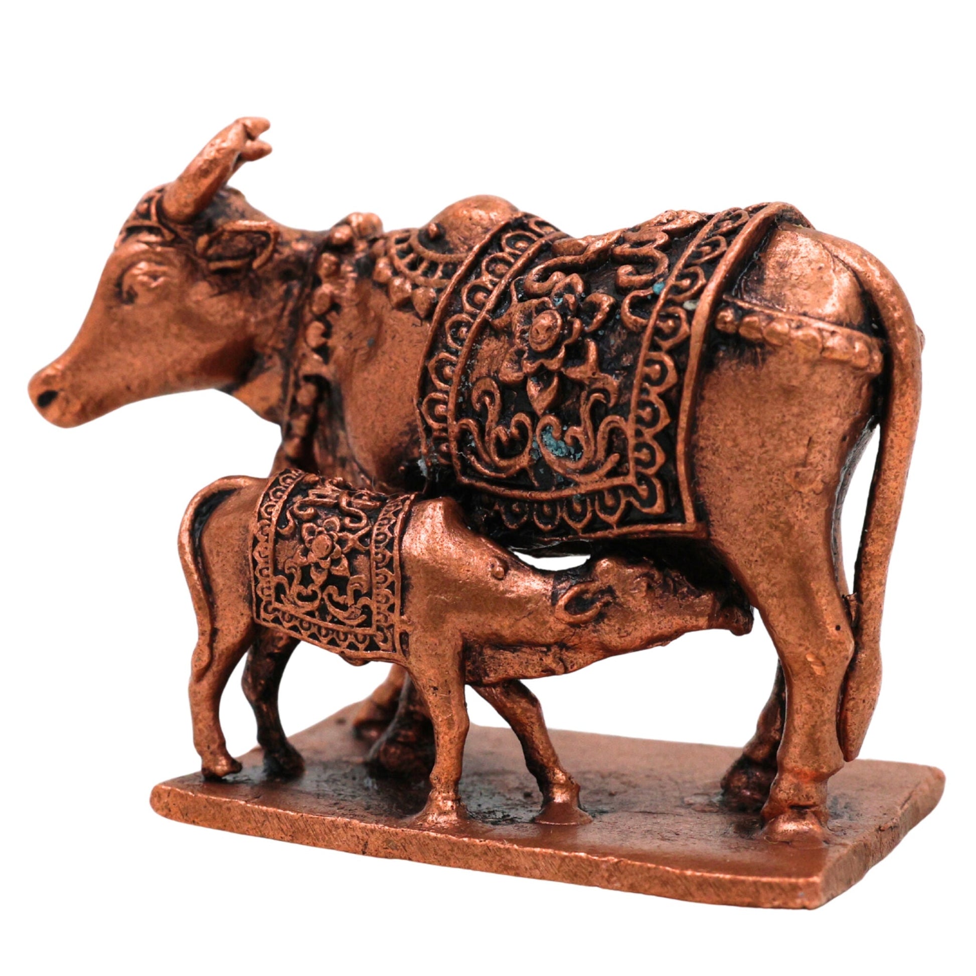 Copper Kamadhenu Idol Tamra Gomata Surabhi Cow Goddess Murti, Handcrafted Thamira Kamadhenu Statue for Pooja Home Decor Temple Gift, Brown, 2 Inch, 1 Piece