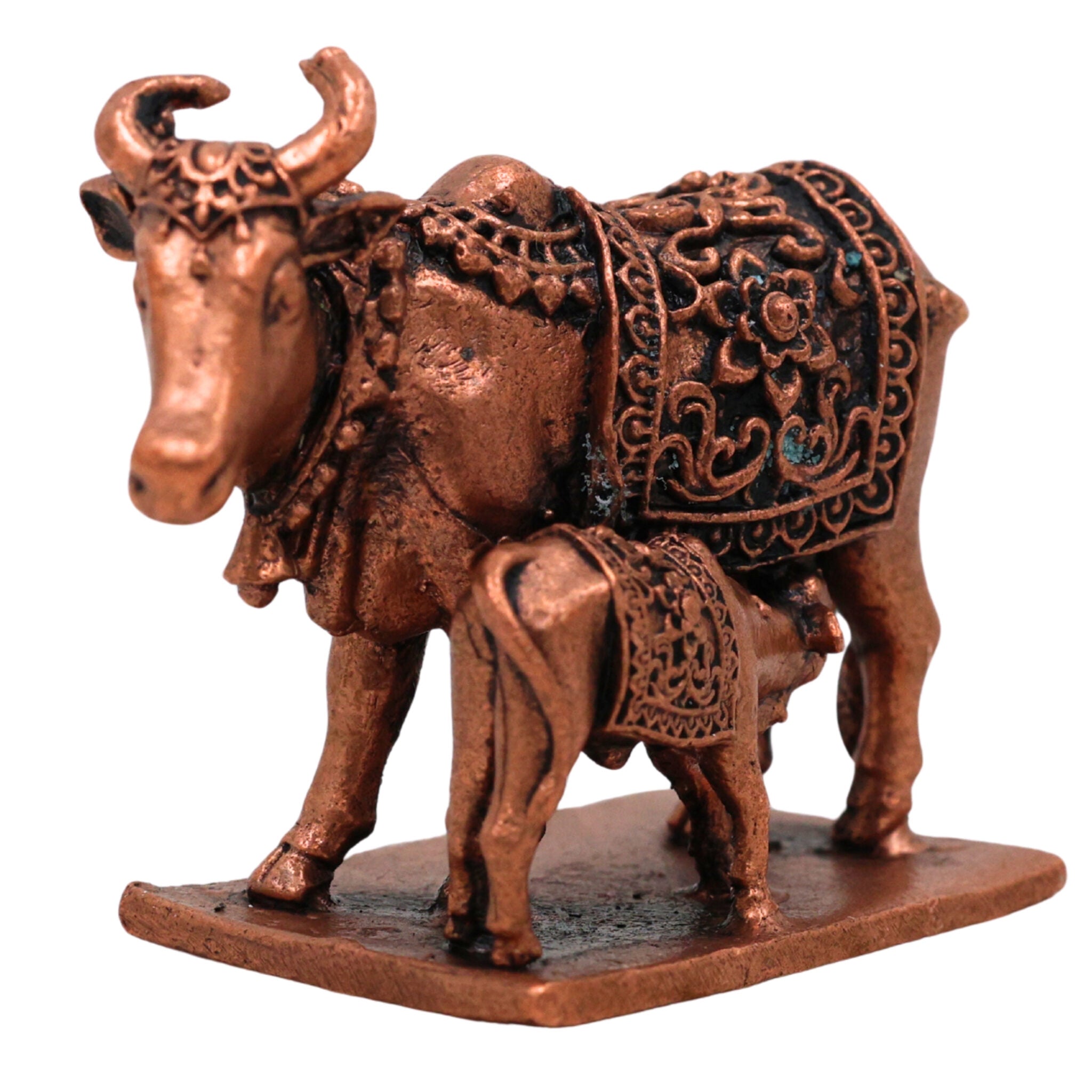 Copper Kamadhenu Idol Tamra Gomata Surabhi Cow Goddess Murti, Handcrafted Thamira Kamadhenu Statue for Pooja Home Decor Temple Gift, Brown, 2 Inch, 1 Piece