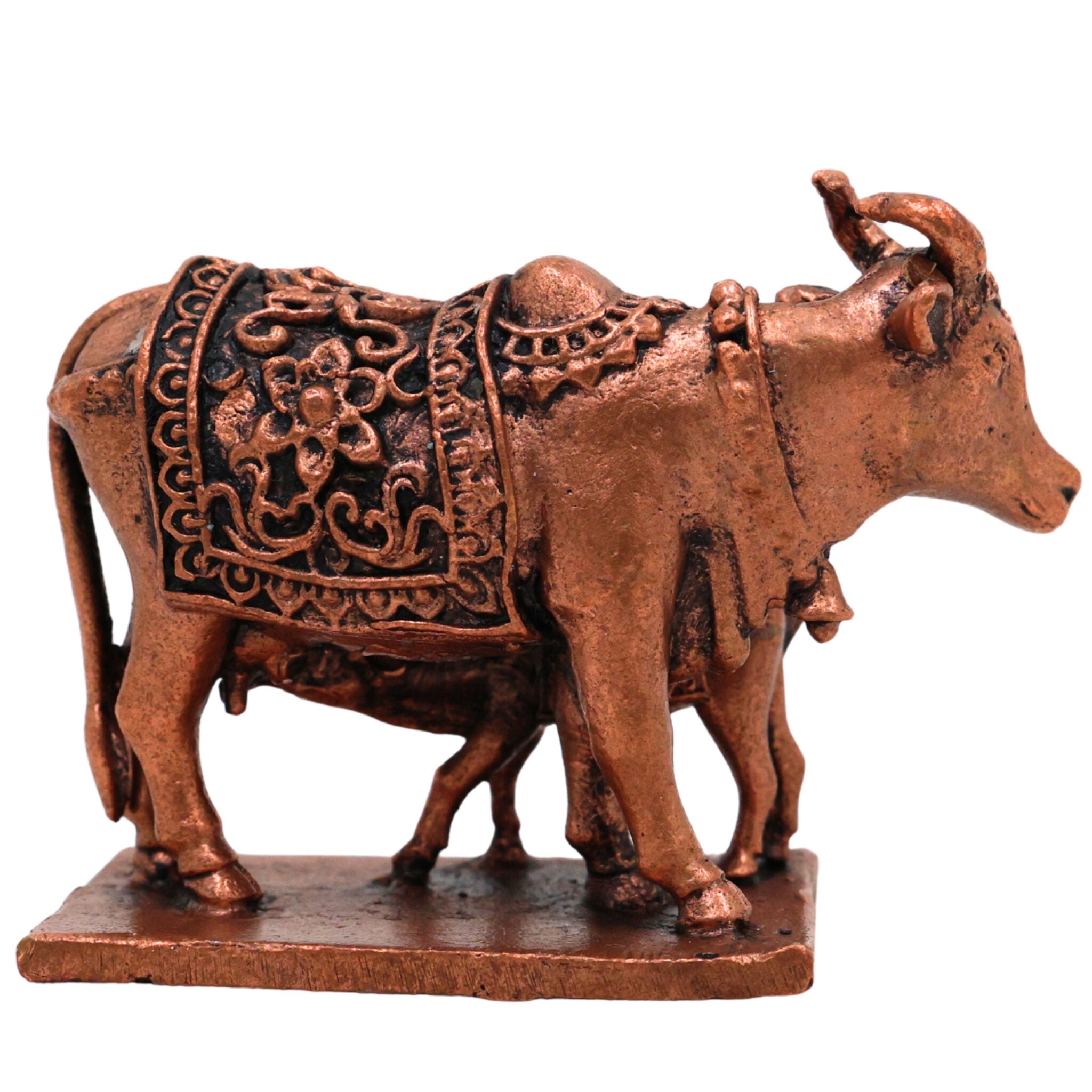 Copper Kamadhenu Idol Tamra Gomata Surabhi Cow Goddess Murti, Handcrafted Thamira Kamadhenu Statue for Pooja Home Decor Temple Gift, Brown, 2 Inch, 1 Piece