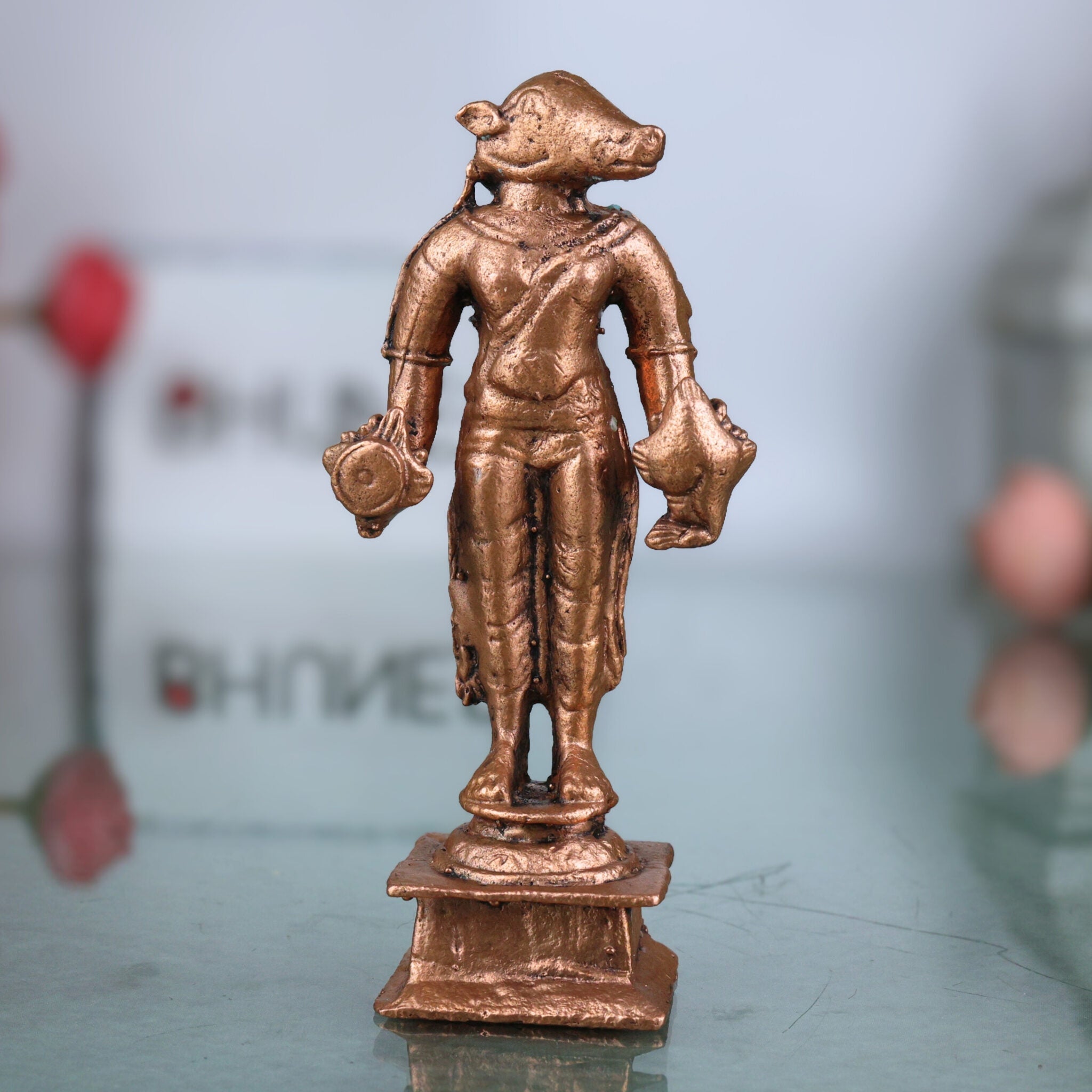Copper Varaha Idol, Tamra Varaha Murti, Varaha Swamy Statue, Varaha Bhagavan Vigraham, Handcrafted Pooja Showpiece, Brown, 3 Inch, 1 Piece