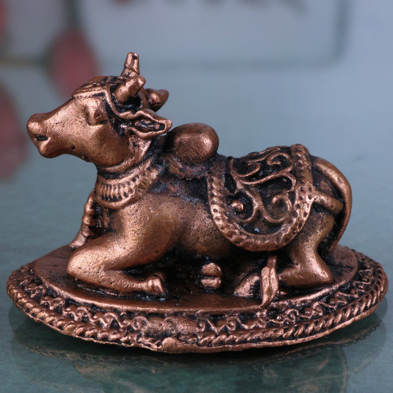 Copper Nandhi Murti, Tamra Shiva Bull, Temple Nandhi Figurine, Divine Basava, Shivalinga Nandikesha Statue, Brown, 1 Inch, 1 Piece