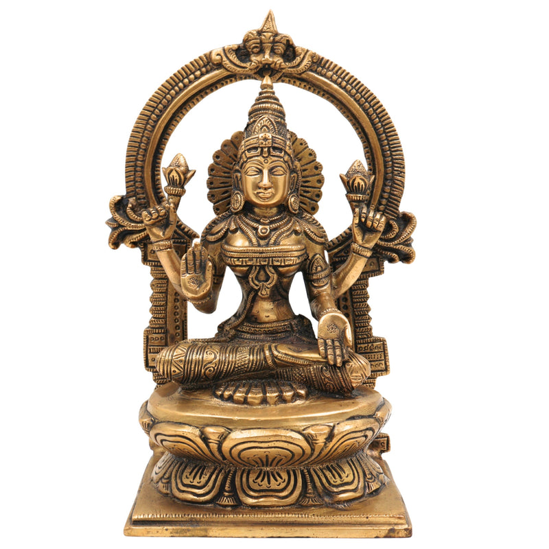 Handcrafted Brass Mahalakshmi Idol with Prabhavali – Shri Lakshmi | Kamala Devi | Ashta Lakshmi | Pital Laxmi Murti for Pooja, Home Temple & Gifting, Gold, 9 Inch, 1 Piece