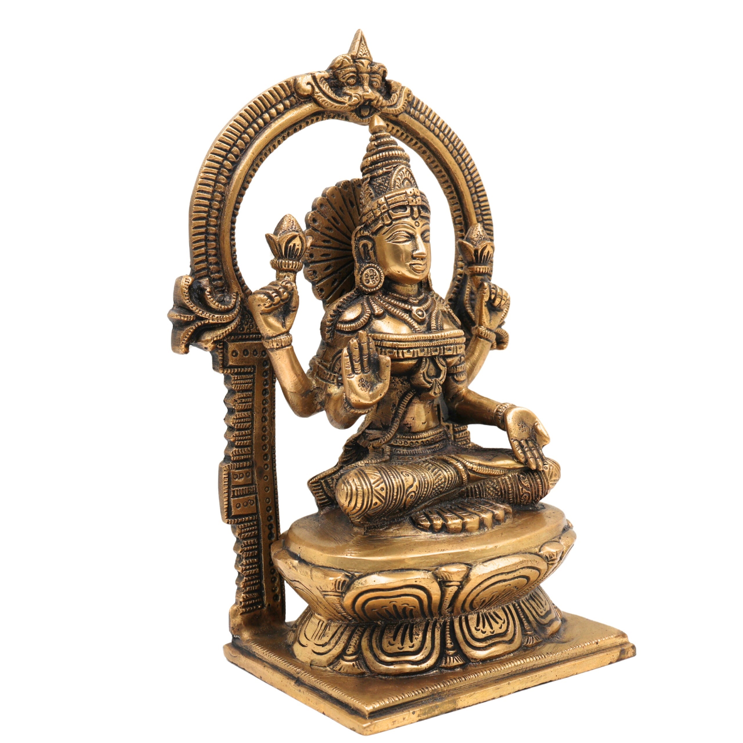 Handcrafted Brass Mahalakshmi Idol with Prabhavali – Shri Lakshmi | Kamala Devi | Ashta Lakshmi | Pital Laxmi Murti for Pooja, Home Temple & Gifting, Gold, 9 Inch, 1 Piece