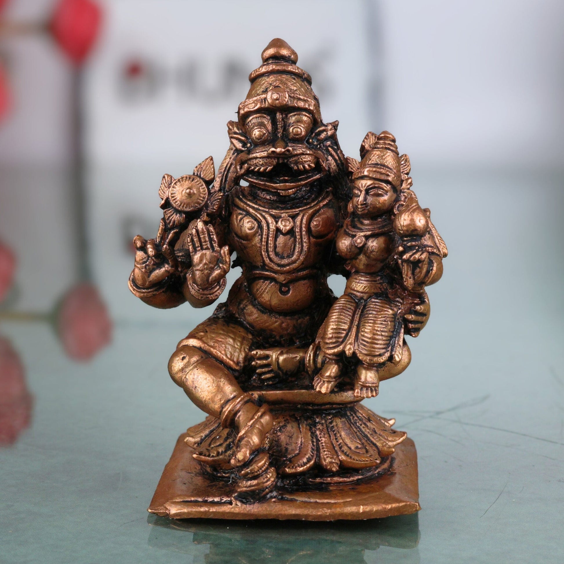Copper Narasimha Lakshmi Idol, Handcrafted Narasimha Murti, Lakshmi Narayana Statue for Pooja, Home Decor & Gifts, Brown, 3 Inch, 1 Piece