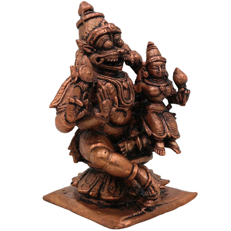 Copper Narasimha Lakshmi Idol, Handcrafted Narasimha Murti, Lakshmi Narayana Statue for Pooja, Home Decor & Gifts, Brown, 3 Inch, 1 Piece