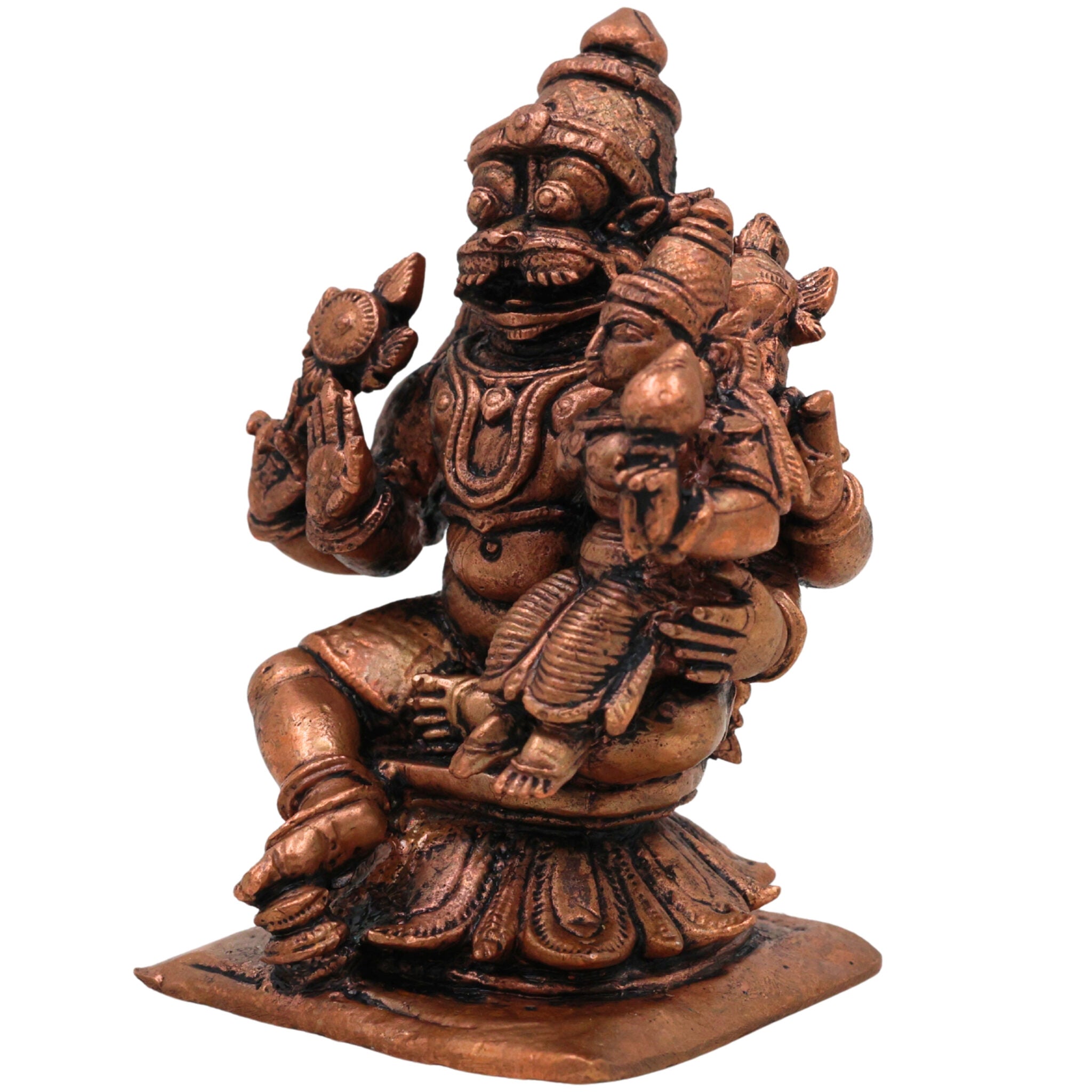 Copper Narasimha Lakshmi Idol, Handcrafted Narasimha Murti, Lakshmi Narayana Statue for Pooja, Home Decor & Gifts, Brown, 3 Inch, 1 Piece