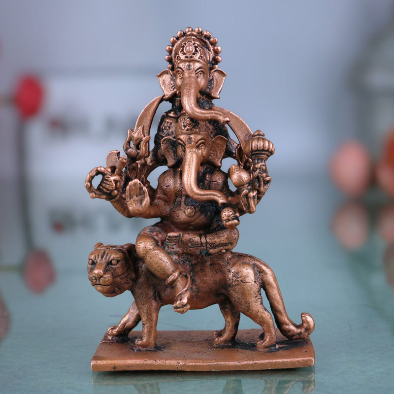 Copper Veer Ganesha Idol,Tamra Veer Ganapati Murti, Thamra Vinayaka Statue, Handcrafted Tamraloha Ganesh Moorti for Pooja, Home Decor & Spiritual Gift, Brown, 3.5 Inch, 1 Piece