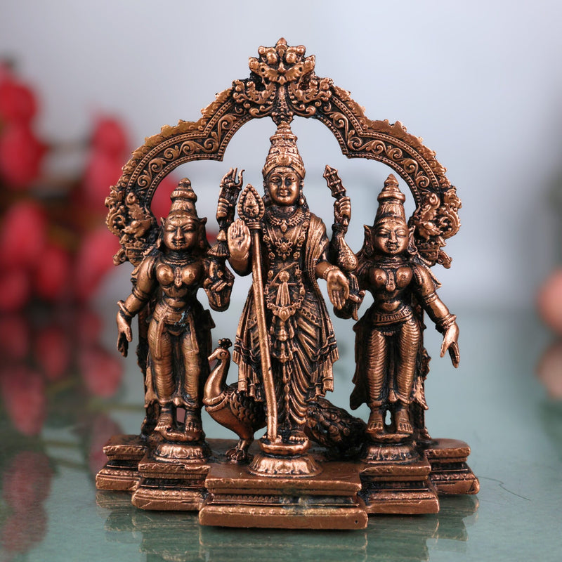 Copper Murugan with Valli & Devasena Idol, Tamra Murti, Lord Subramanya / Kartikeya Statue for Pooja, Home Decor & Gifts, Brown, 4.5 Inch, 1 Piece