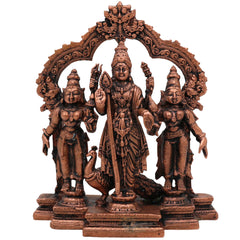Copper Murugan with Valli & Devasena Idol, Tamra Murti, Lord Subramanya / Kartikeya Statue for Pooja, Home Decor & Gifts, Brown, 4.5 Inch, 1 Piece