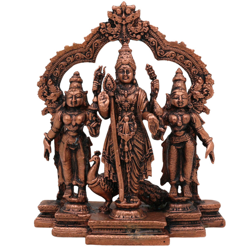 Copper Murugan with Valli & Devasena Idol, Tamra Murti, Lord Subramanya / Kartikeya Statue for Pooja, Home Decor & Gifts, Brown, 4.5 Inch, 1 Piece