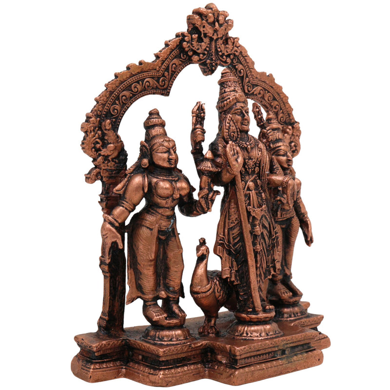 Copper Murugan with Valli & Devasena Idol, Tamra Murti, Lord Subramanya / Kartikeya Statue for Pooja, Home Decor & Gifts, Brown, 4.5 Inch, 1 Piece