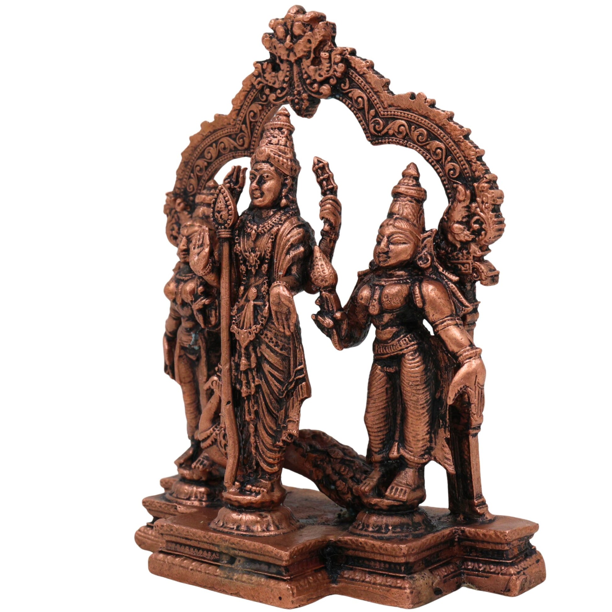 Copper Murugan with Valli & Devasena Idol, Tamra Murti, Lord Subramanya / Kartikeya Statue for Pooja, Home Decor & Gifts, Brown, 4.5 Inch, 1 Piece