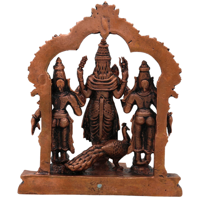Copper Murugan with Valli & Devasena Idol, Tamra Murti, Lord Subramanya / Kartikeya Statue for Pooja, Home Decor & Gifts, Brown, 4.5 Inch, 1 Piece