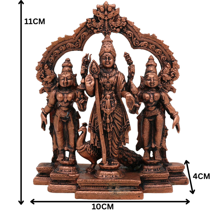 Copper Murugan with Valli & Devasena Idol, Tamra Murti, Lord Subramanya / Kartikeya Statue for Pooja, Home Decor & Gifts, Brown, 4.5 Inch, 1 Piece