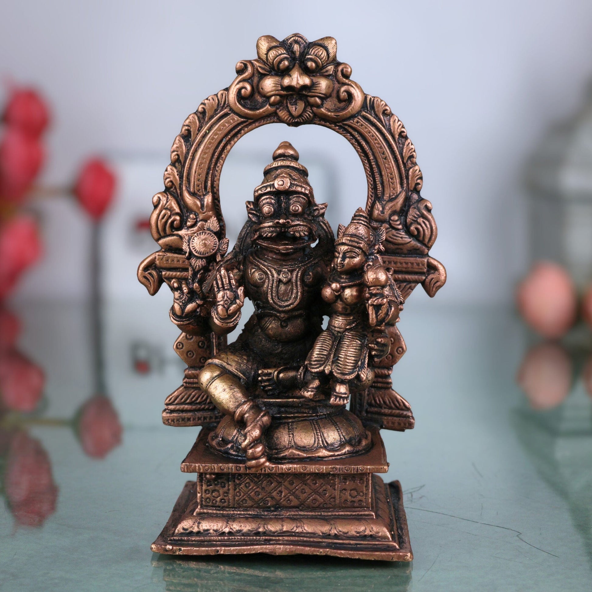 Copper Narasimha Lakshmi Idol, Handcrafted Lakshmi Narasimha Murti for Pooja, Home Decor & Temple, Brown, 4.5 Inch, 1 Piece