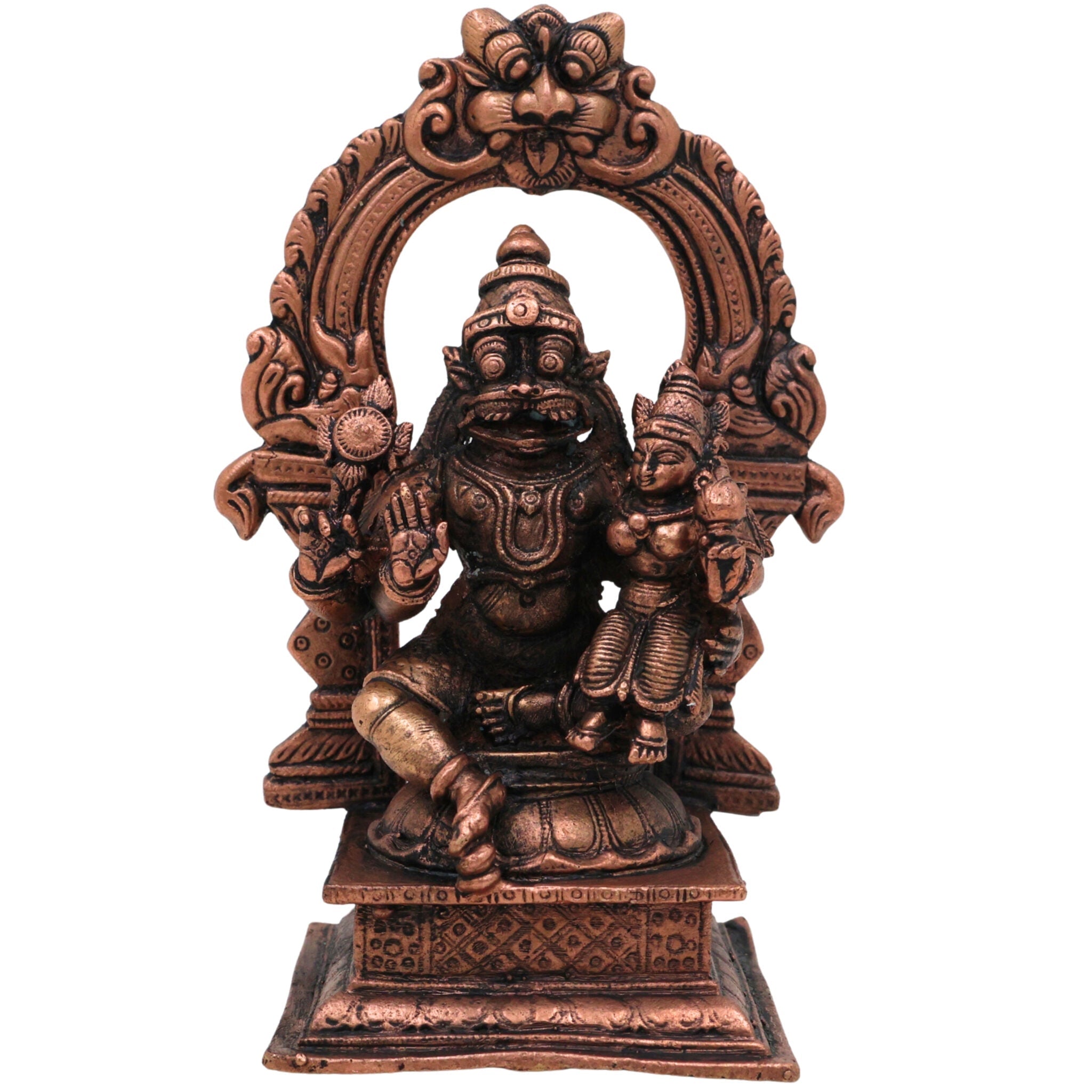 Copper Narasimha Lakshmi Idol, Handcrafted Lakshmi Narasimha Murti for Pooja, Home Decor & Temple, Brown, 4.5 Inch, 1 Piece