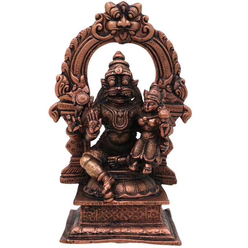Copper Narasimha Lakshmi Idol, Handcrafted Lakshmi Narasimha Murti for Pooja, Home Decor & Temple, Brown, 4.5 Inch, 1 Piece