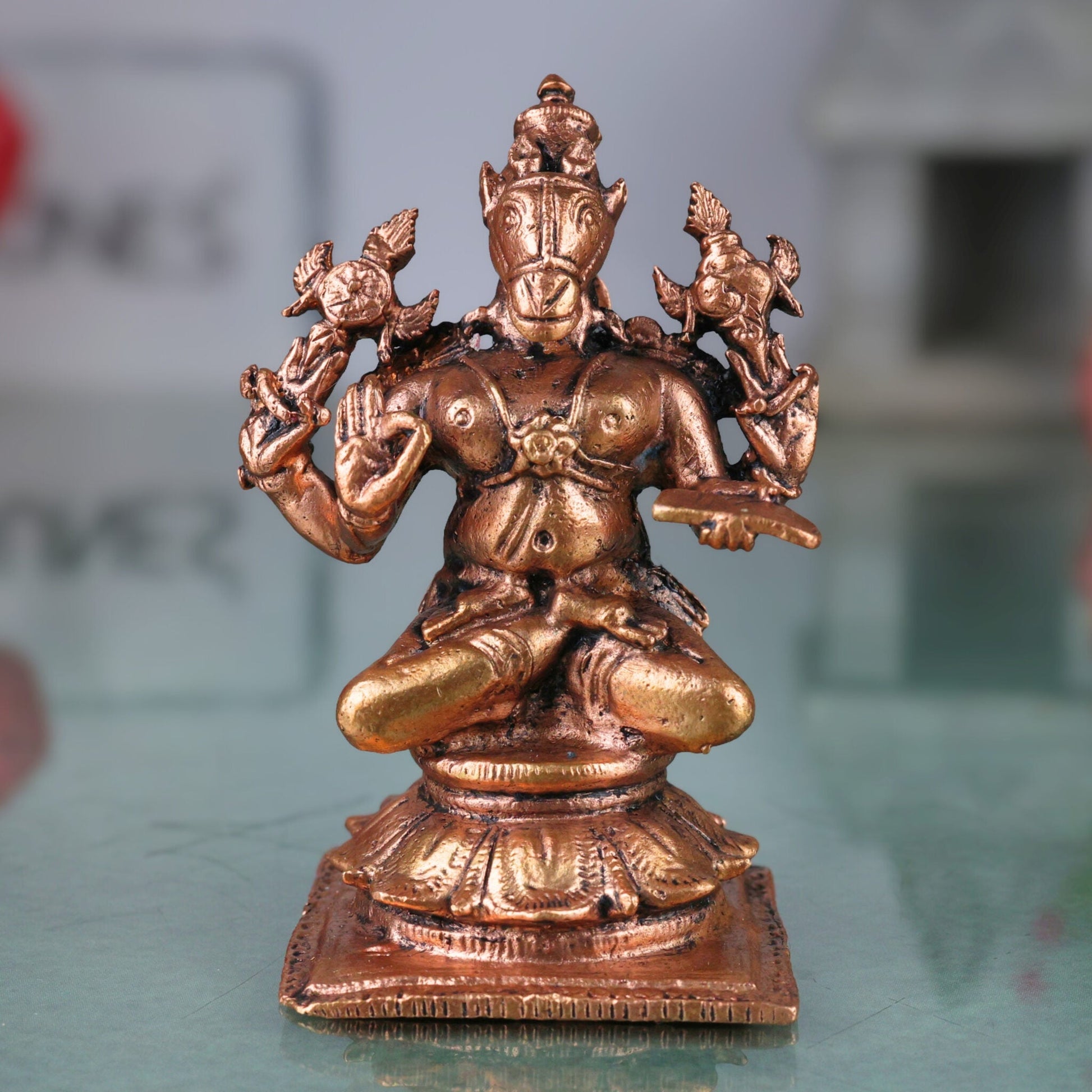 Copper Hayagriva Idol, Handcrafted Tamra Hayagreeva Murti, Sri Hayagriva Perumal, Hayagriva Swamy, Lakshmi Hayagriva Statue for Pooja, Home Temple & Spiritual Decor, Brown, 3 Inch, 1 Piece