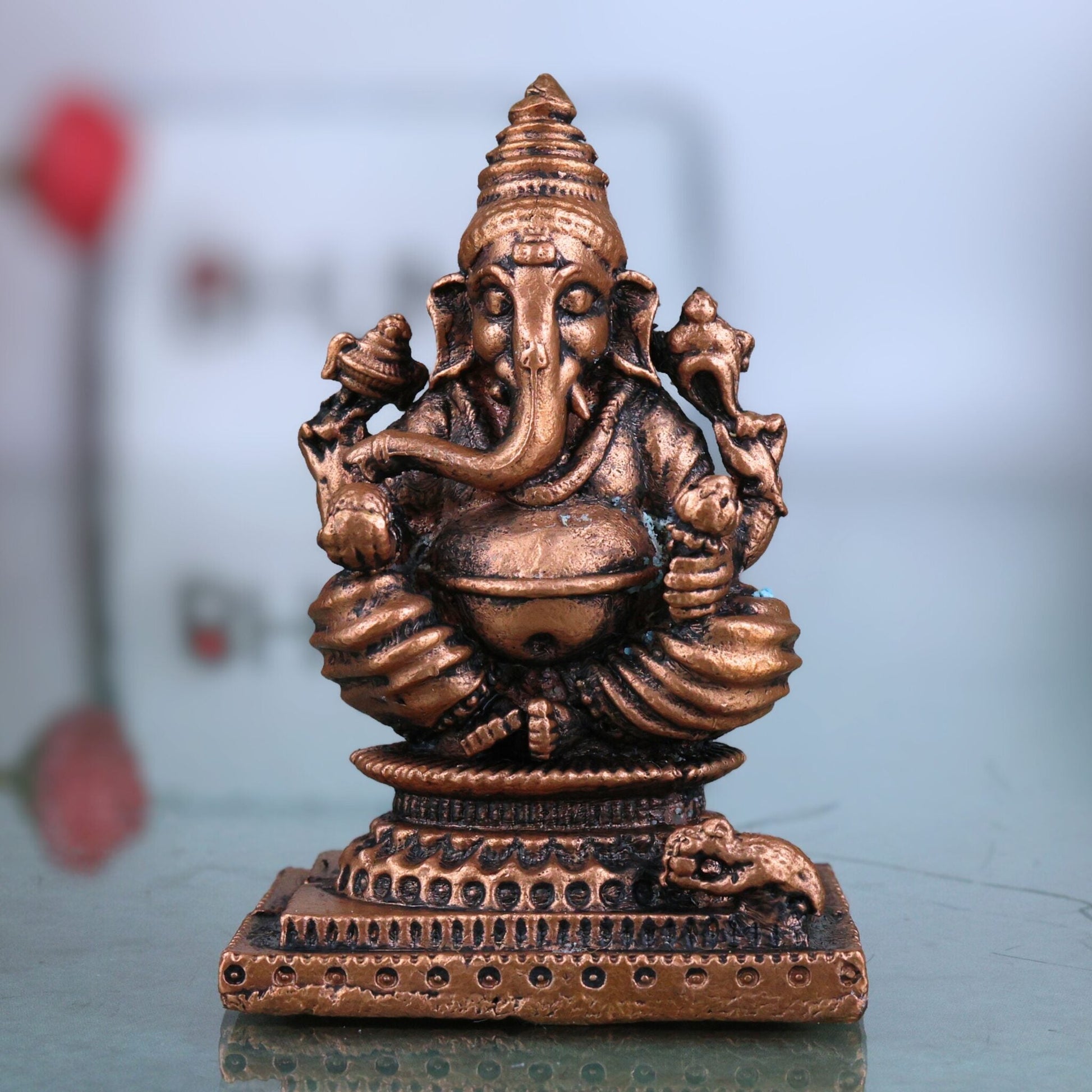 Copper Ganesh Idol, Tamra Ganapati Murti, Siddhivinayak, Vinayaka Home Decor Figurine, Handcrafted Moorti for Pooja & Gifts, Brown, 2.5 Inch, 1 Piece