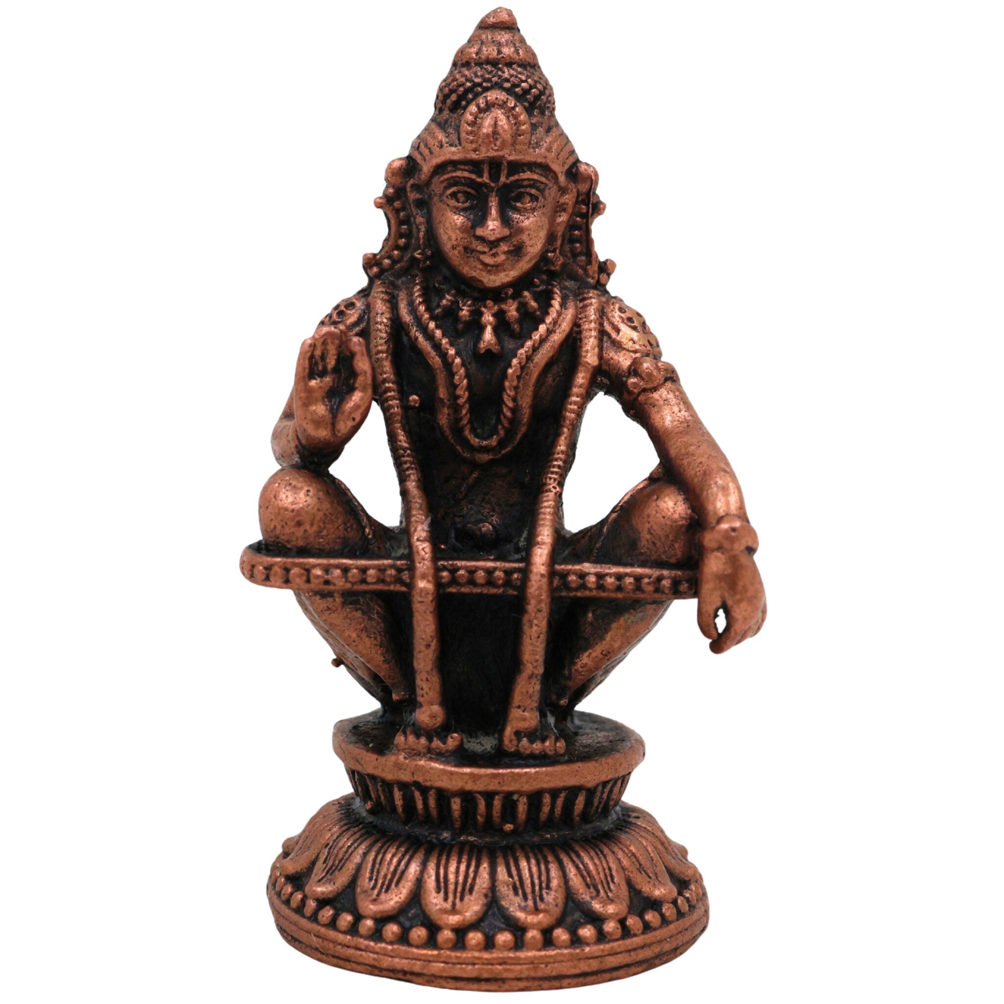 Pure Copper Ayyappa Idol, Tamra Ayyappan Murti, Handcrafted Dharma Sastha Manikanta Statue, Swami Ayyappa Vigraham, Tamraloha Shasta Murti for Pooja & Home Decor, Brown, 2 Inch, 1 Piece