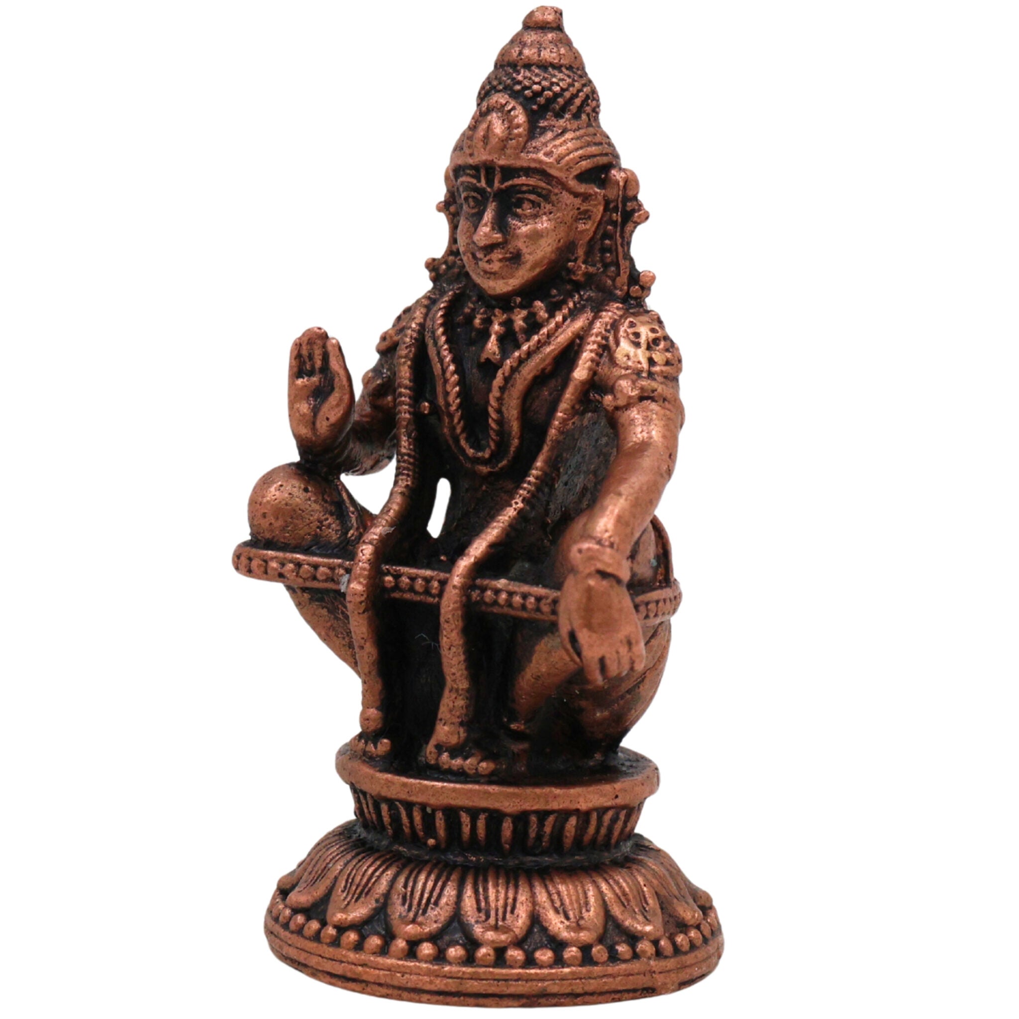 Pure Copper Ayyappa Idol, Tamra Ayyappan Murti, Handcrafted Dharma Sastha Manikanta Statue, Swami Ayyappa Vigraham, Tamraloha Shasta Murti for Pooja & Home Decor, Brown, 2 Inch, 1 Piece