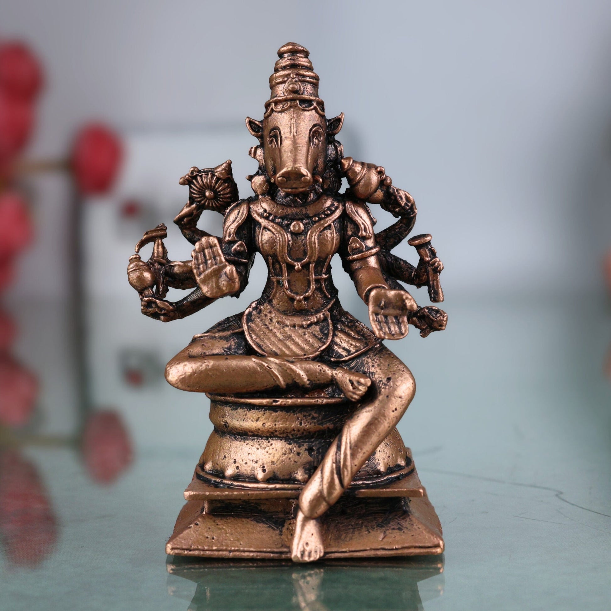 Copper Varahi Amman Idol, Handcrafted Tamra Varahi Devi Murti, Varahi Mata Statue for Pooja, Home Decor & Gifts, Maha Varahi Shakti Vigraham , Brown, 3 Inch, 1 Piece