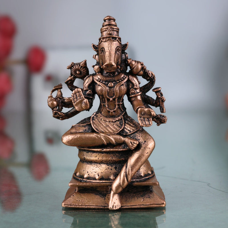 Copper Varahi Amman Idol, Handcrafted Tamra Varahi Devi Murti, Varahi Mata Statue for Pooja, Home Decor & Gifts, Maha Varahi Shakti Vigraham , Brown, 3 Inch, 1 Piece