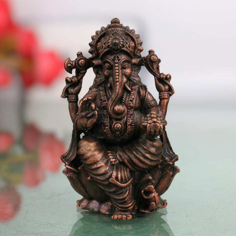 Copper Ganesha Idol, Handcrafted Tamra Vinayaka Moorti, Siddhivinayaka Vighnaharta Ganapati Murthi for Pooja, Home Decor & Spiritual Gifting , Brown, 3 Inch, 1 Piece