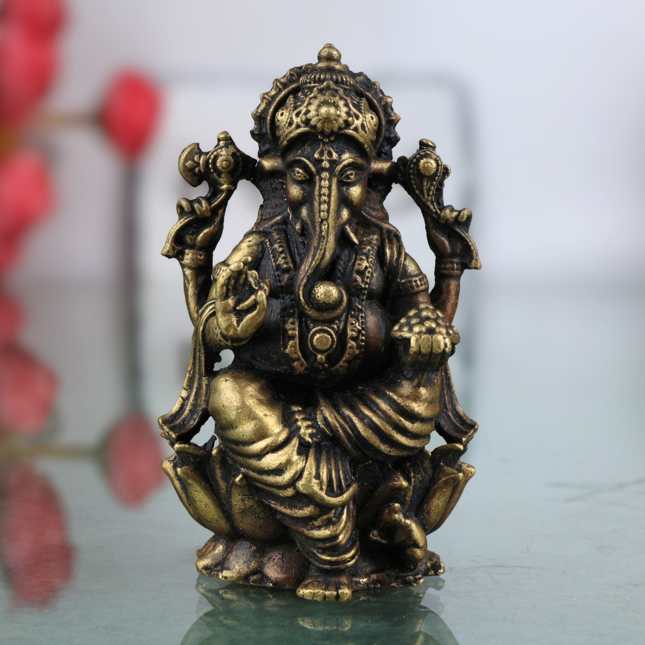 Brass Ganesha Idol, Ganapati Siddhivinayak Murti, Gajanana Statue for Pooja & Home Decor, Gold, 2.5 Inch, 1 Piece