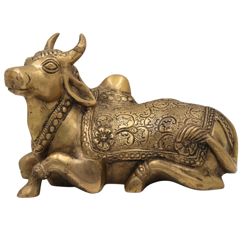 Brass Nandi Idol | Nandikeshwara Bull Statue, Shivalinga Vehicle, Handcrafted Peetal Nandhi Murti for Pooja, Temple & Home Decor, Gold, 5 Inch, 1 Piece