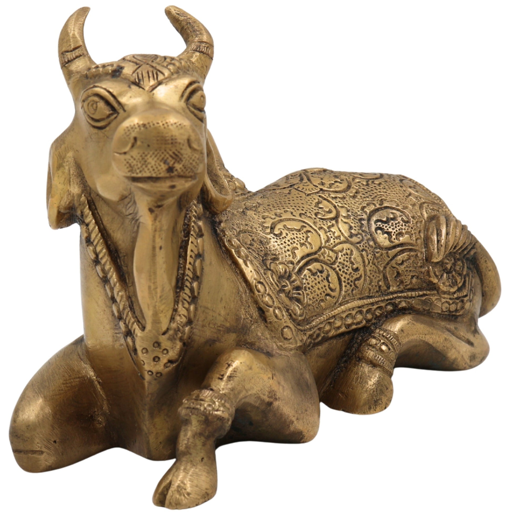 Brass Nandi Idol | Nandikeshwara Bull Statue, Shivalinga Vehicle, Handcrafted Peetal Nandhi Murti for Pooja, Temple & Home Decor, Gold, 5 Inch, 1 Piece
