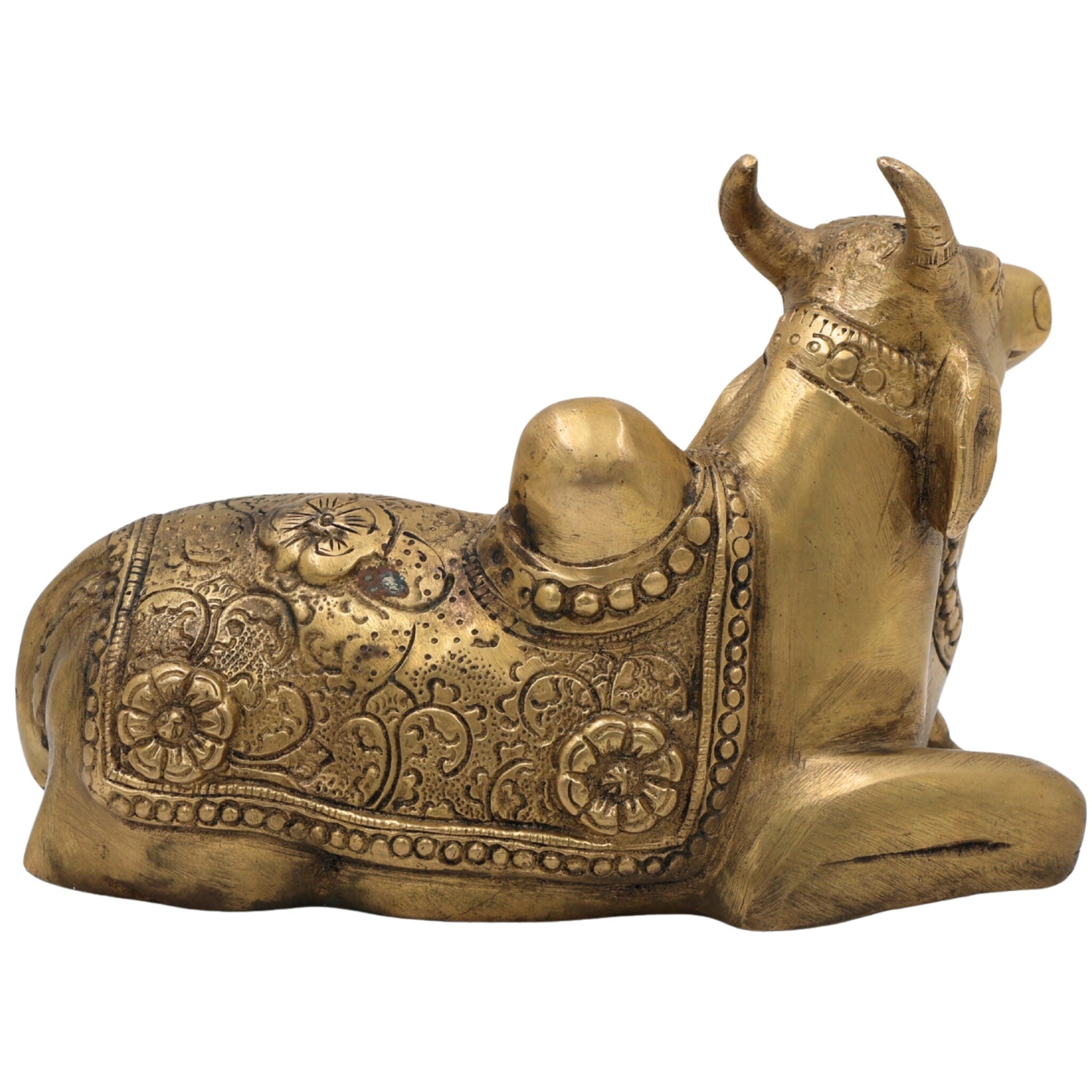 Brass Nandi Idol | Nandikeshwara Bull Statue, Shivalinga Vehicle, Handcrafted Peetal Nandhi Murti for Pooja, Temple & Home Decor, Gold, 5 Inch, 1 Piece
