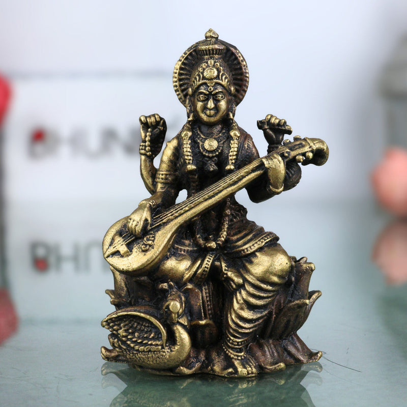 Brass Saraswati Idol, Peetal Sharada Devi Murti, Vagdevi Statue for Pooja, Home Decor & Gifts, Handcrafted Vani Bharati Moorthi, Gold, 3 Inch, 1 Piece