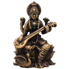 Brass Saraswati Idol, Peetal Sharada Devi Murti, Vagdevi Statue for Pooja, Home Decor & Gifts, Handcrafted Vani Bharati Moorthi, Gold, 3 Inch, 1 Piece