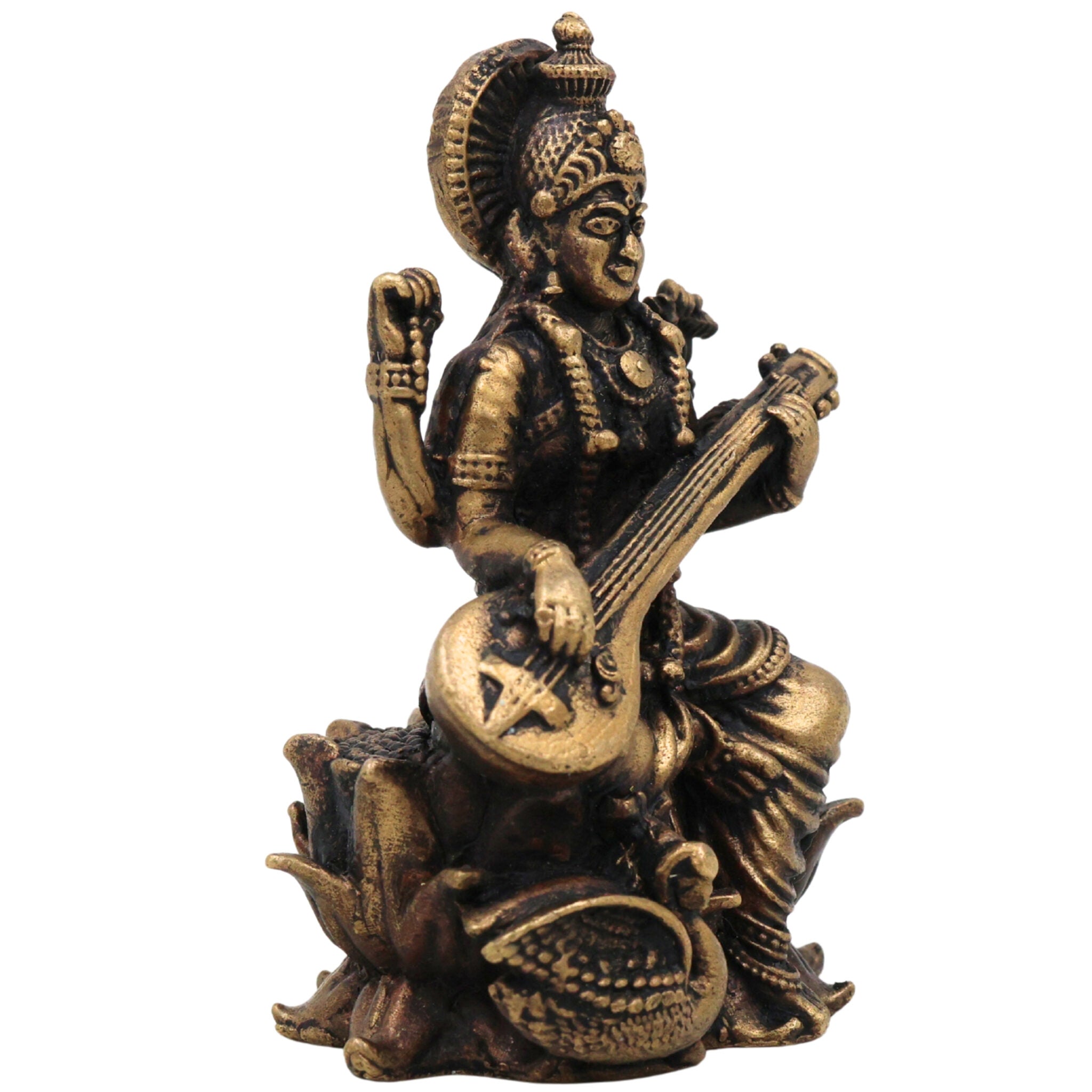 Brass Saraswati Idol, Peetal Sharada Devi Murti, Vagdevi Statue for Pooja, Home Decor & Gifts, Handcrafted Vani Bharati Moorthi, Gold, 3 Inch, 1 Piece